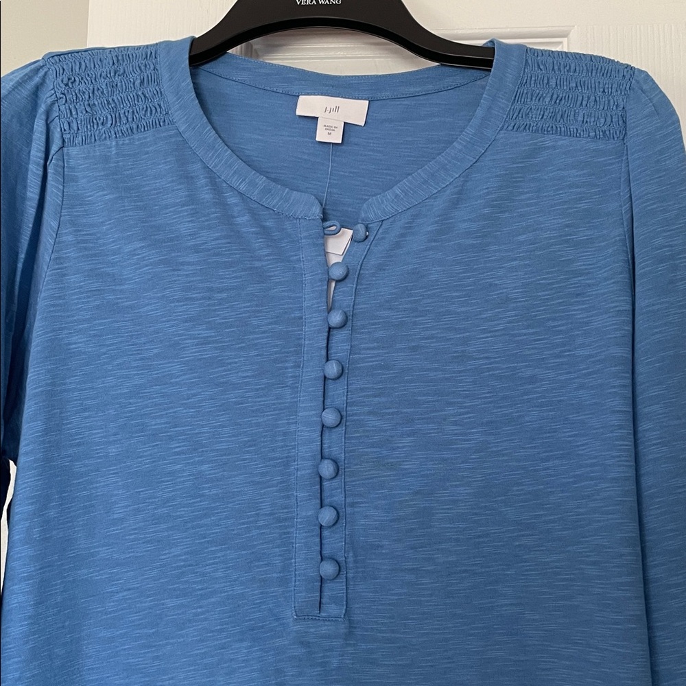 J. Jill Deep Sky Blue Henley Style Top with smocked shoulder and cuffs,